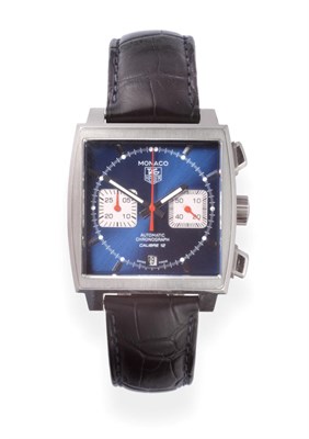 Lot 234 - A Stainless Steel Automatic Calendar Chronograph Wristwatch, signed Tag Heuer, model: Monaco,...