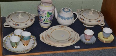 Lot 278 - Six Royal Albert Harlequin teacups and saucers, Poole vase, Wedgwood teapot, part Meakin dinner set