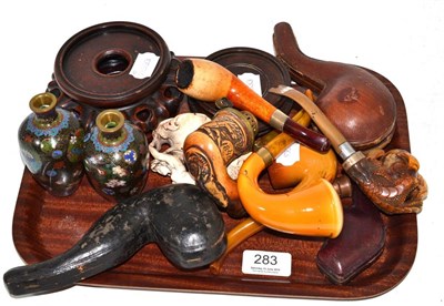 Lot 283 - A collection of assorted Meerschaum pipes, plant stands, pair of cloisonne vases, etc