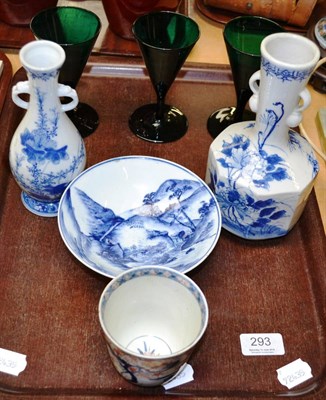 Lot 293 - Imari beaker, two blue and white vases, footed bowl and three early 19th century green wine glasses