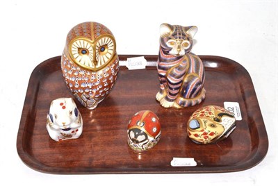 Lot 302 - Five Royal Crown Derby paperweights: Owl, Cat, Ladybird and two Field Mice