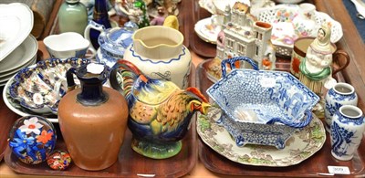 Lot 309 - Two trays of ceramics including Staffordshire flat back, Adam's bowl, rooster teapot, Doulton...