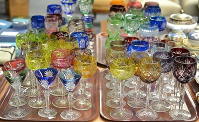 Lot 315 - Four trays of hock glasses, various colours and sizes including champagne, wine liqueur and sherry