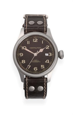 Lot 239 - A Stainless Steel Automatic Calendar Centre Seconds Wristwatch, signed Hamilton, model: Khaki...