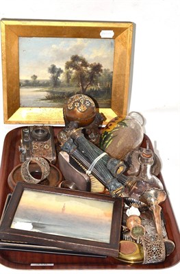 Lot 318 - A tray including a reproduction German camera, two silver brushes, two watercolours, an oil etc