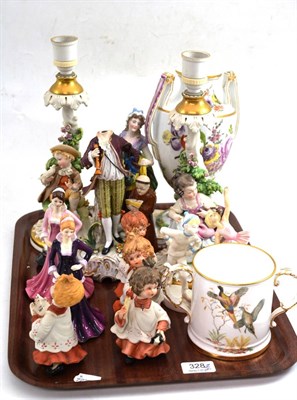 Lot 328 - A tray of assorted porcelain including figural lamp bases, Worcester figures, etc