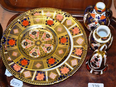 Lot 339 - Two Royal Crown Derby plates, two vases and a snuffer