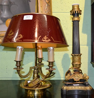 Lot 351 - Patinated bronze column candlestick and brass Bouillotte style lamp (2)