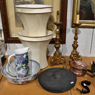 Lot 1001 - A wash jug and bowl, a pair of lamps, a gong, a door knocker and a copper pan