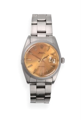 Lot 252 - A Stainless Steel Calendar Centre Seconds Wristwatch, signed Rolex, Precision, model: Oyster...