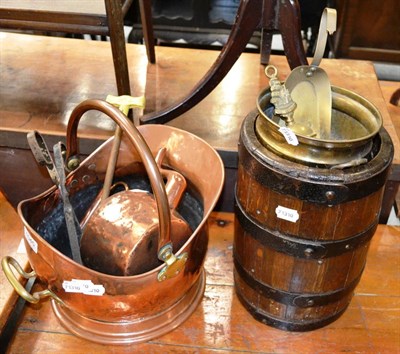 Lot 1045 - A copper coal helmet, a coopered barrel, teapot, etc