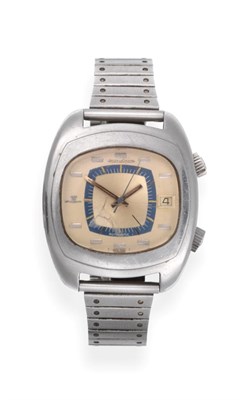 Lot 254 - A Stainless Steel Automatic Calendar Centre Seconds Alarm Wristwatch, signed Jaeger LeCoultre,...