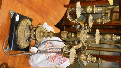 Lot 1067 - Gilt metal five branch candelabra lamp on marble base