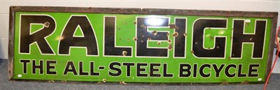 Lot 1082 - A vintage enamel advertising sign ";RALEIGH THE ALL STEEL BICYCLE";, inscribed R.P. Lang, Fleet...