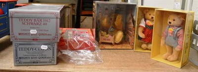 Lot 1095 - Five Steiff teddy bears and a nursery tea set, in original boxes