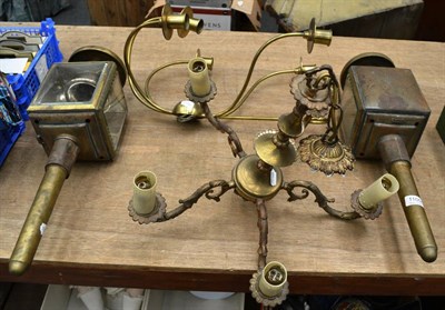 Lot 1100 - A pair of carriage lamps by Dykes & Co, Calcutta, a five branch chandelier and a branch wall light