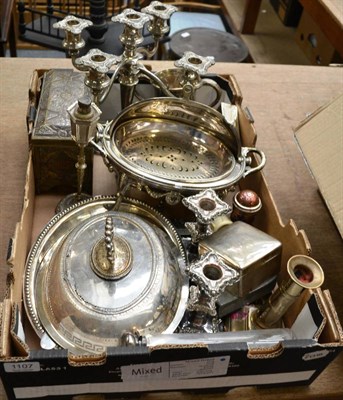 Lot 1107 - A small collection of silver plate, a brass candlestick, casket, etc