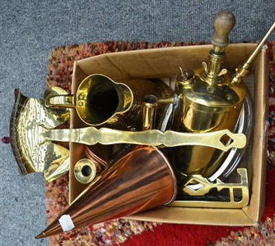 Lot 1123 - Assorted metalwares including brass candlesticks, brass cream skimmer, jug, assorted pottery,...