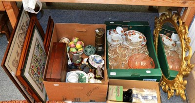 Lot 1125 - Miscellaneous china, glass, viewmaster, embroidered pictures, kitchen chair, gilt mirror,...