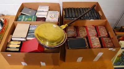 Lot 1157 - Four boxes of assorted books, decorative bindings and a bed pan