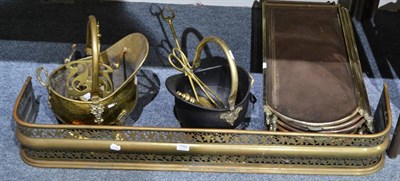 Lot 1164 - Three brass folding spark guards, fire curb, two coal buckets, trivet and fire implements