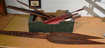 Lot 1170 - Five African Massai knives, a fly whisk, a native carved wood bell, two ornamental carved wood...