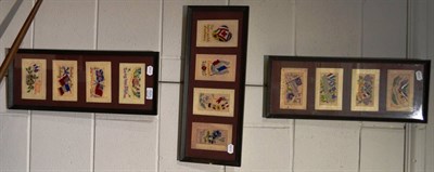 Lot 1171 - Twelve First World War embroidered silk cards, in three frames