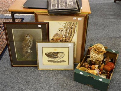 Lot 1179 - Collection of owl related memorabilia including prints and a embroidered picture