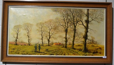 Lot 1183 - Trevor Parkin - Hunting Scene with Gundog, oil on canvas, framed, 50cm by 100cm