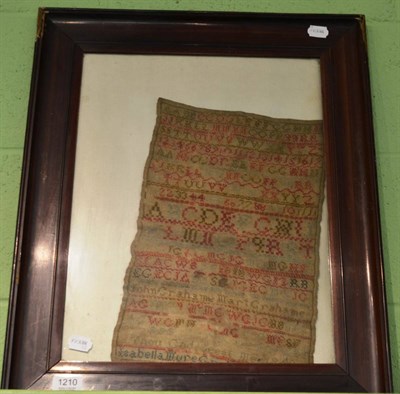 Lot 1210 - 19th century framed alphabet sampler worked by Isabella Mure Graham, framed, 50cm by 62cm