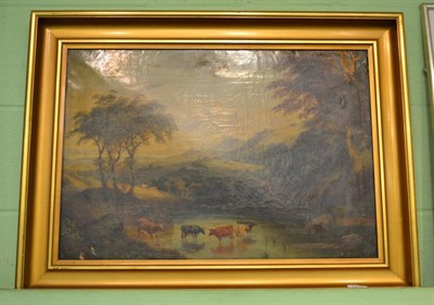 Lot 1212 - 19th century oil landscape with cattle watering