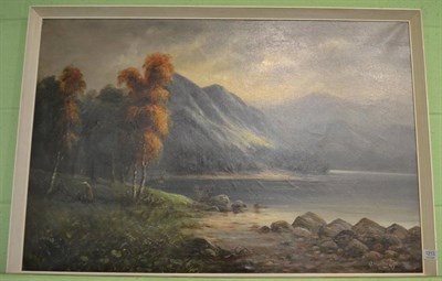 Lot 1213 - R Henry Jermaine, Lakeland landscape with a figure building a fire, signed and dated 1922, oil...