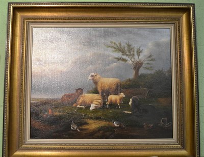 Lot 1216 - Van der Haute (20th century), Sheep and goats at rest in a landscape, signed, oil on canvas