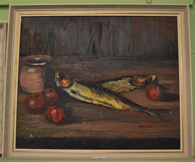 Lot 1226 - Maria Bosch (20th/21st century) (Spanish), Still life of sardines and apples, signed, oil on board