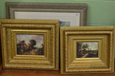 Lot 1236 - A 19th century style oil on board landscape with a farmer driving sheep on a country lane, together