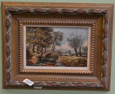 Lot 1241 - L.P., Landscape with figures beside a bridge, indistinctly signed, oil on board