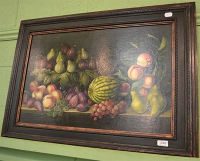 Lot 1246 - AVK (20th/21st century), Still life of figs, plums and pears on a shelf, oil on board