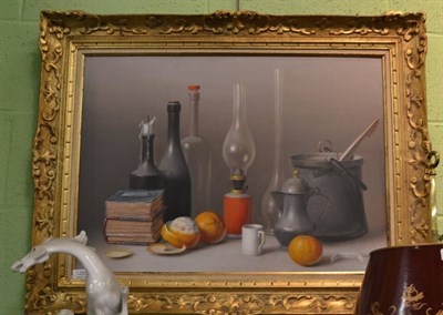 Lot 1269 - Profferio Grosse, Still life of bottles and fruit, oil on board