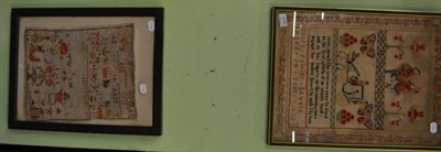 Lot 1270 - 19th century framed alphabet sampler with figures, animals and floral motifs, framed, 38cm by 48cm