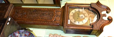 Lot 1296 - An oak eight day longcase clock, carved case with a swan neck pediment, 12-inch arched brass...