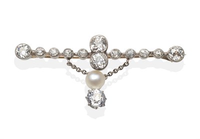 Lot 299 - A Diamond and Pearl Bar Brooch, a knife edge bar set with old cut diamonds in white milgrain...