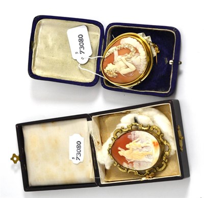 Lot 5010 - A cameo brooch, depicting a maiden with floral headdress and garland and another cameo brooch