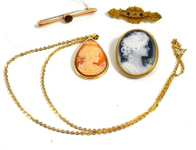 Lot 5015 - A 9ct gold mounted cameo brooch, pendant brooch with attached chain stamped 375 to clasp, and...
