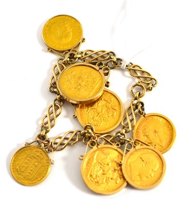 Lot 5021 - A bracelet with three gold full sovereigns, two gold half sovereigns and another coin attached