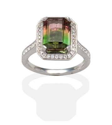 Lot 308 - An 18 Carat White Gold Watermelon Tourmaline and Diamond Ring, an octagonal cut watermelon...