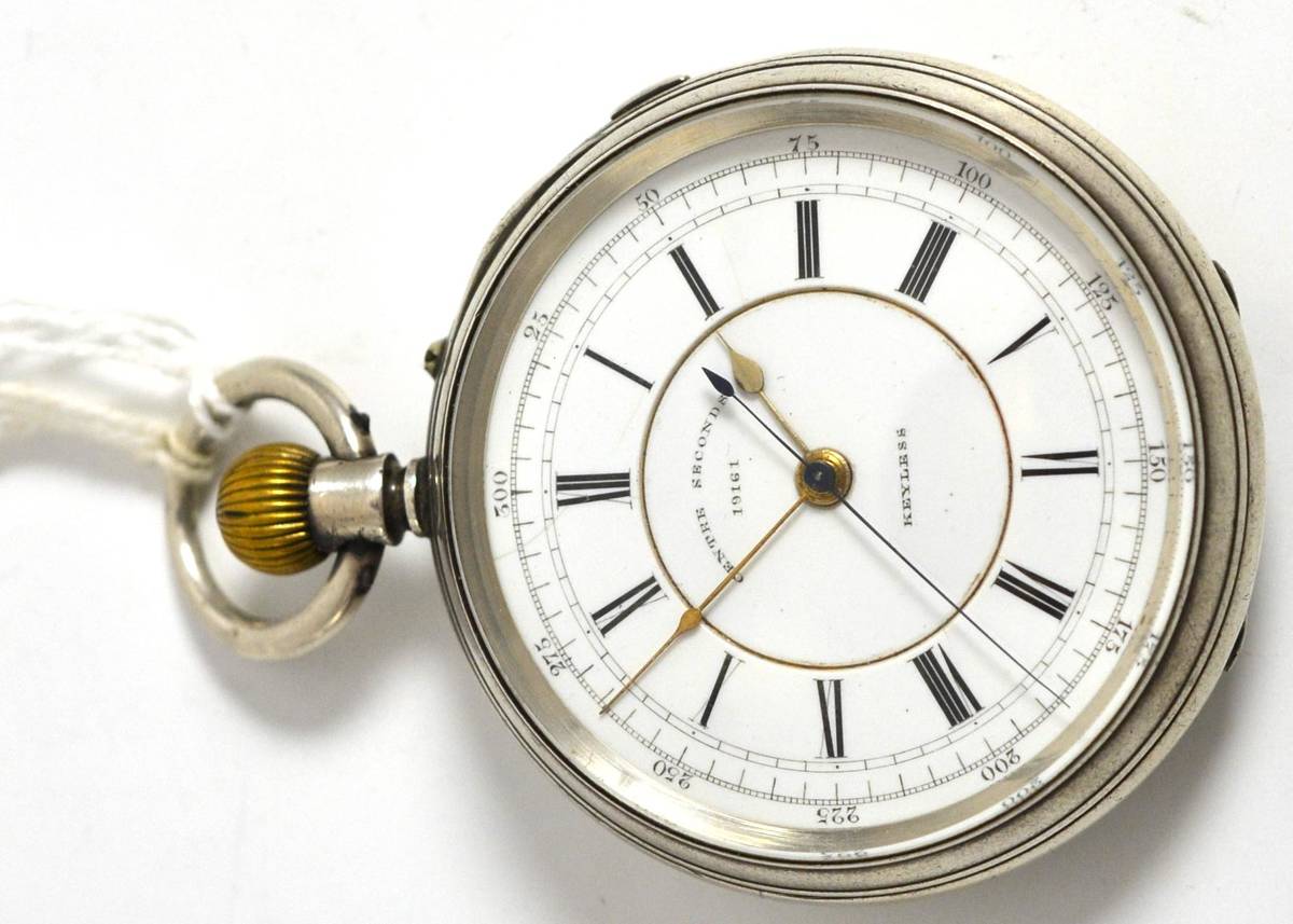 Lot 5041 - A silver chronograph pocket watch, movement with chaton diamond set endstones and stamped...