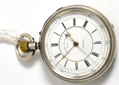 Lot 5041 - A silver chronograph pocket watch, movement with chaton diamond set endstones and stamped...