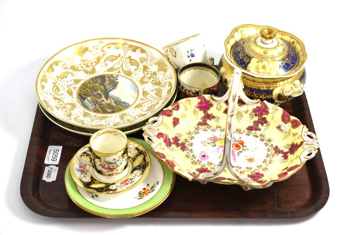 Lot 5059 - A tray including two Crown Derby dishes painted with topographical views, a Rockingham style...