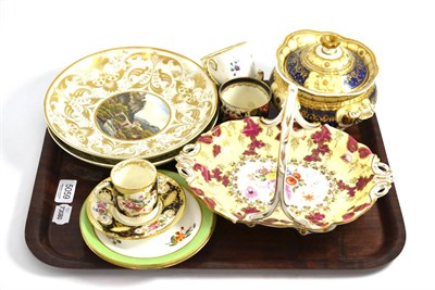 Lot 5059 - A tray including two Crown Derby dishes painted with topographical views, a Rockingham style...
