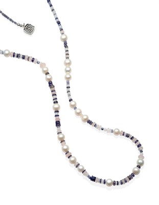 Lot 311 - A Multi-Gemstone and Cultured Pearl Necklace, smooth polished and faceted tanzanite, iolite,...